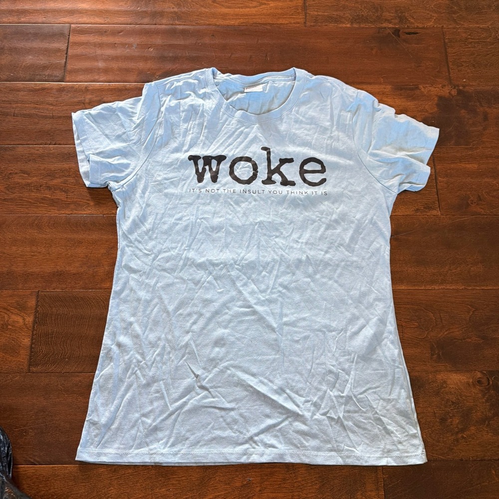 Port & Company Woke Graphic Tee Light Blue Cotton T-Shirt Medium Screen Print